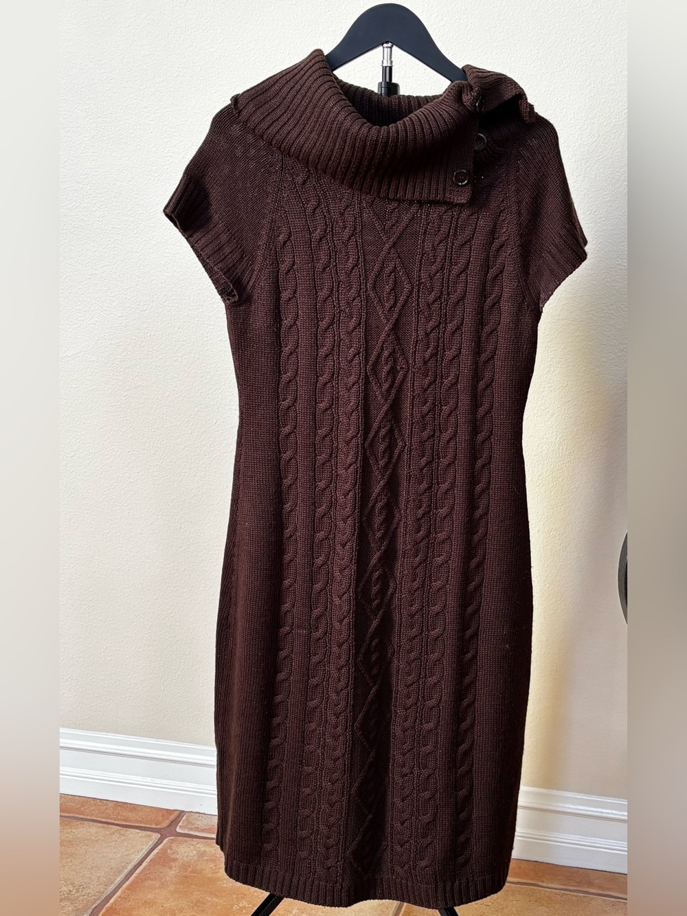 Calvin Klein Chocolate Cable-Knit Dress with Buttoned Cowl